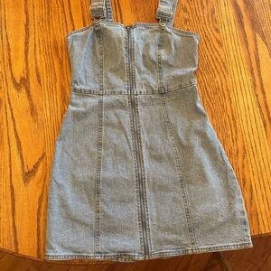 Forever 21 Denim Dress Womens Sm Blue Jean Bodycon Mini Overall Zip Front